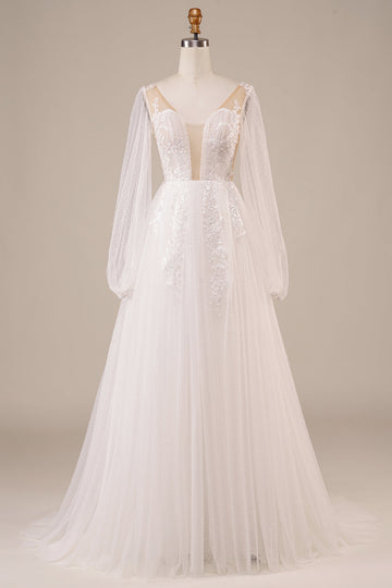 Mangas largas Vestido de novia de marfil de espalda abierta con apliques